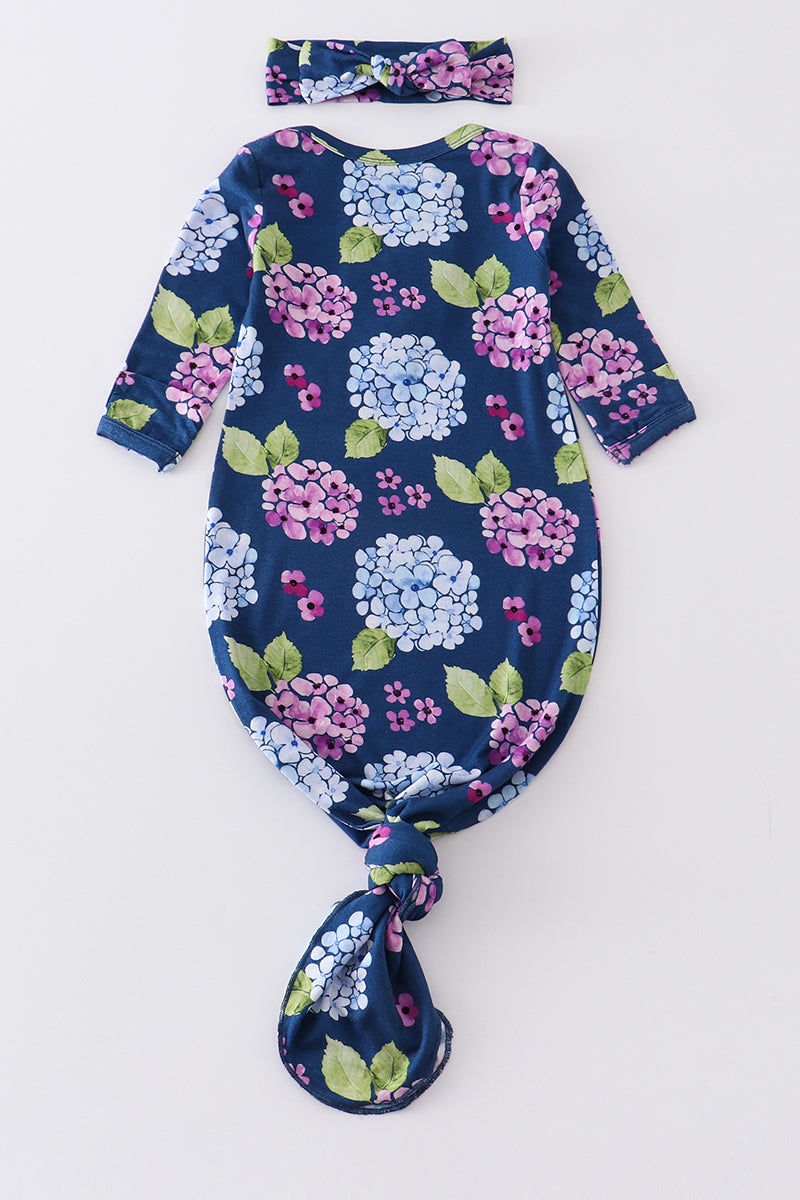 Navy floral print bamboo baby gown