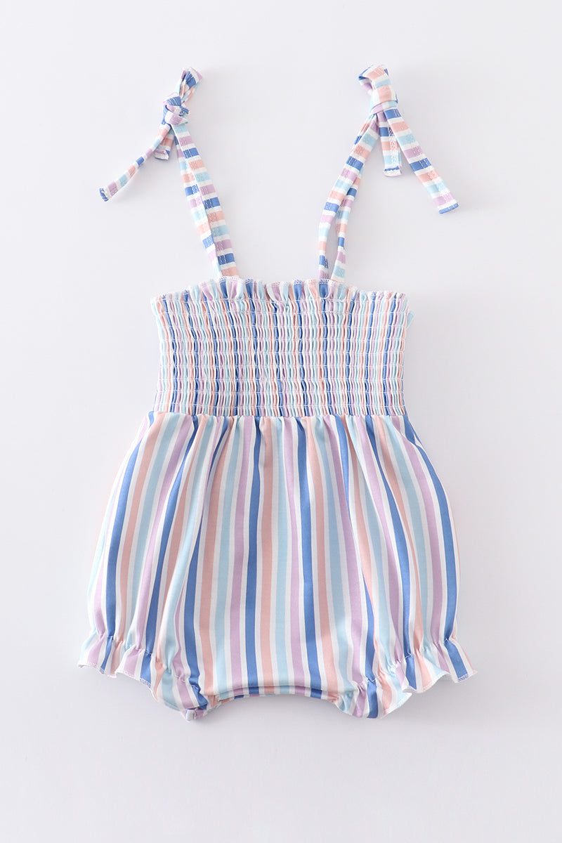 Blue stripe smocked strap girl bubble