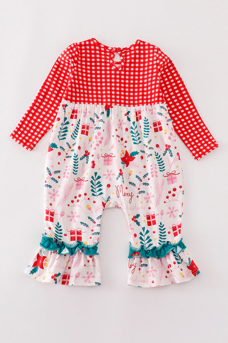 Platinum Red christmas plaid ruffle girl romper