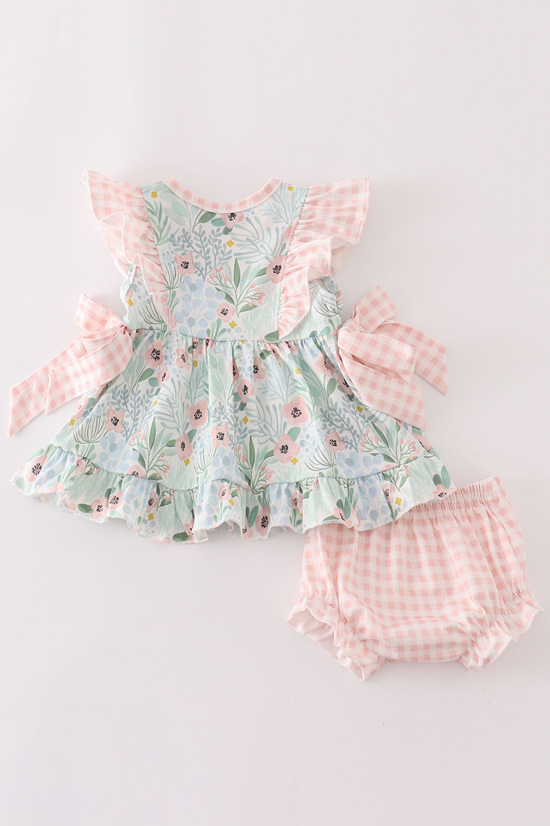 Green floral ruffle baby set