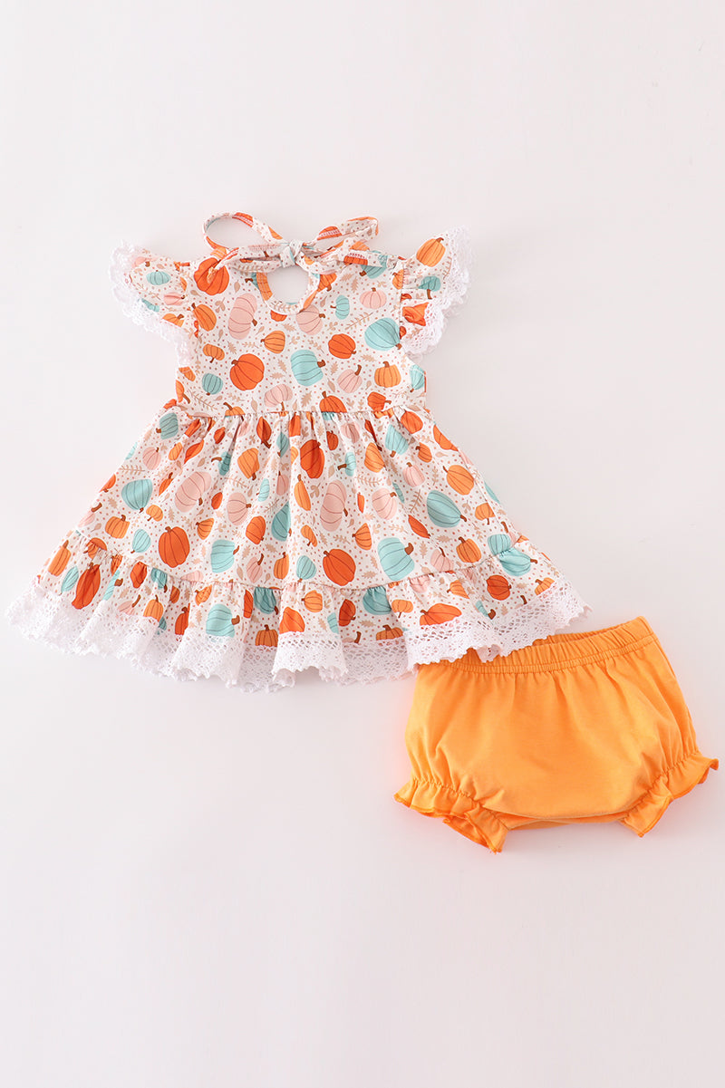 Orange pumpkin print ruffle bloomer set