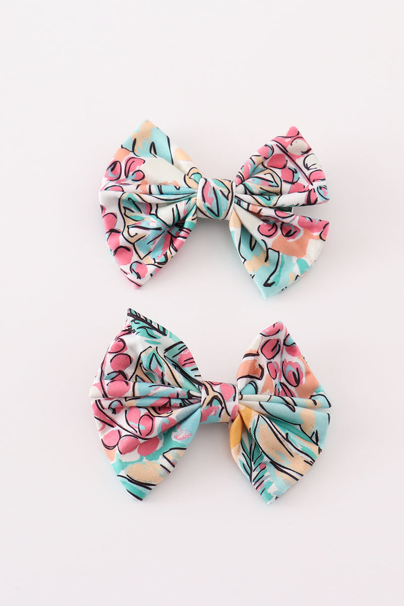 Teal floral print piggie hair bow