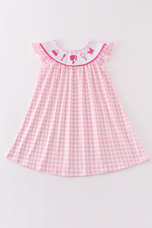 Pink barbie embroidery gingham girl dress